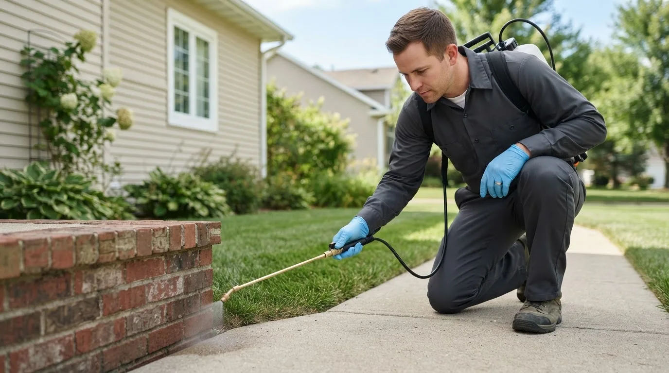 Pest control technician treating a home near Bradford, PA